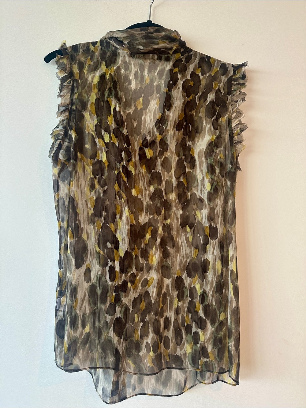 Milly Silk Sheer Sleeveless Blouse in Olive, Brown and Yellow Abstract Print